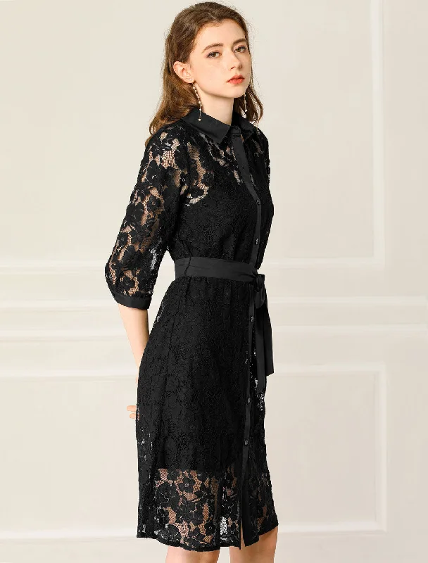 Collared 3/4 Sleeve Button Down Semi Sheer Belted Lace Floral Dress