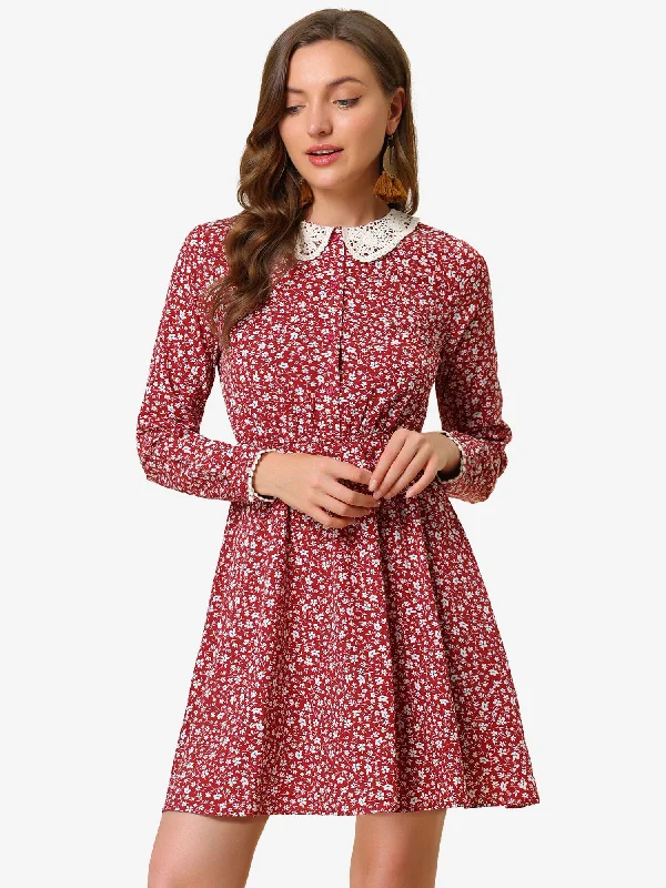 Peter Pan Collar Long Sleeve Half Placket Floral Dress with Belt