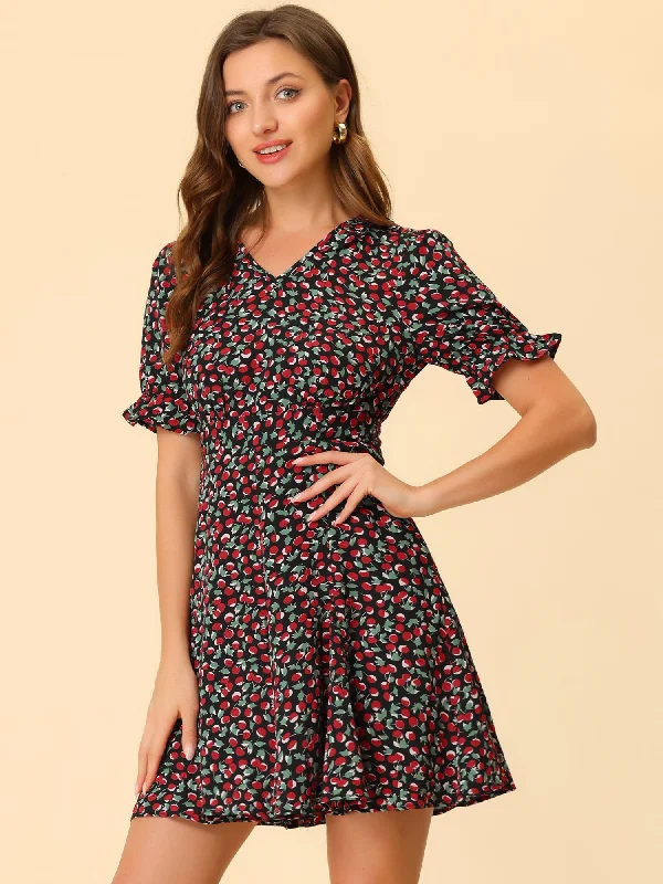 Cherry Printed V Neck Ruffle Collar Floral Short Sleeve A-Line Dress