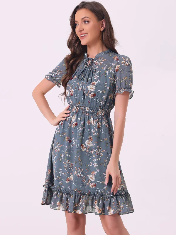 Floral Smocked Tie Neck Puff Sleeve Ruffle Chiffon Tiered Dress