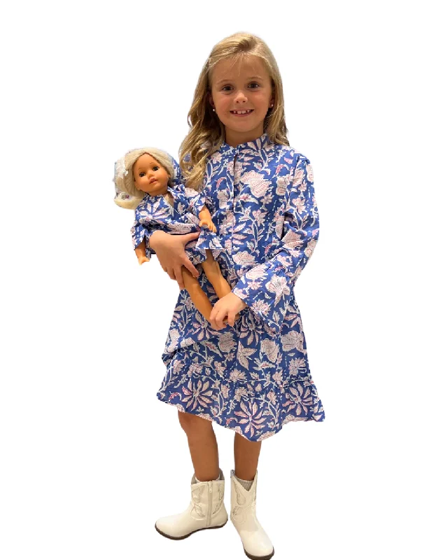 The Makayla Girl's Cotton Block Print Dress in Pink and Blue