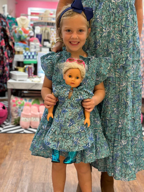 The Tinley Girls Dress in Green Blue Floral Hand-block Cotton