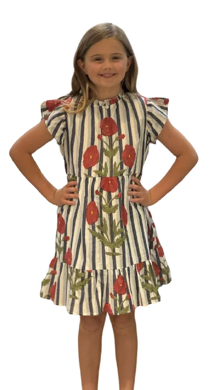 The Tinley Hand Block Printed Girls Dress in Grey Blue Striped Floral