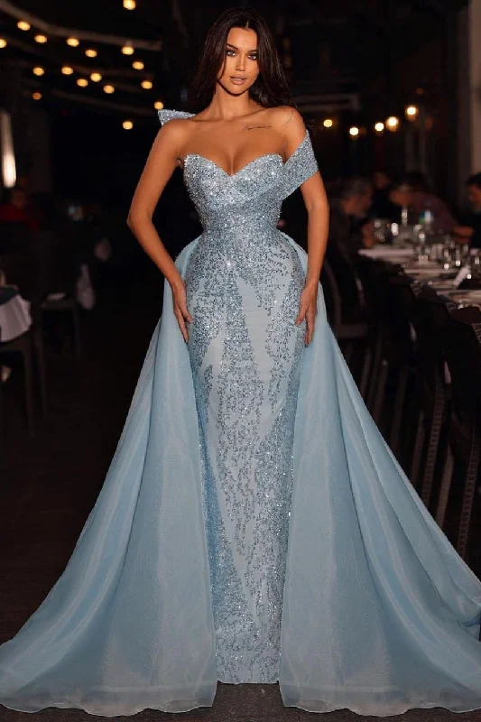 Gorgeous Long Blue A-line Off-the-shoulder Sleeveless Sequined Prom Dress With Detachable Train