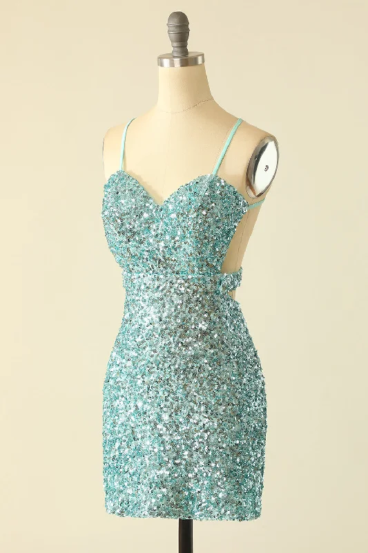 Green Open Back Sequin Glitter Homecoming Dress