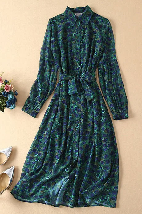 Kate Middleton Dark Green Peacock Print Lace-up Shirt Dress