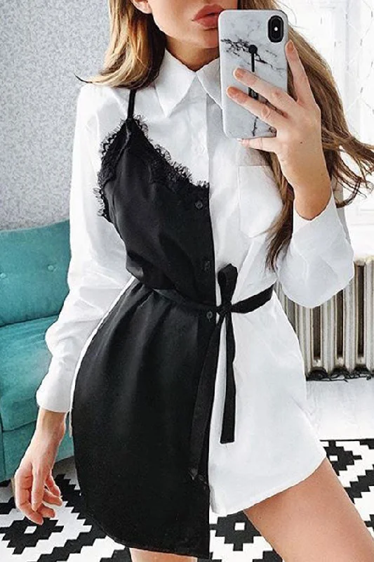 Lace Patchwork Button Up Shirt Dress Shirt Dress Party