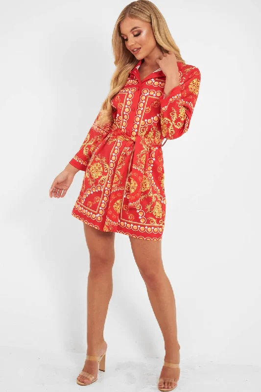 Red Gold Chain Print Belted Shirt Dress - Estie