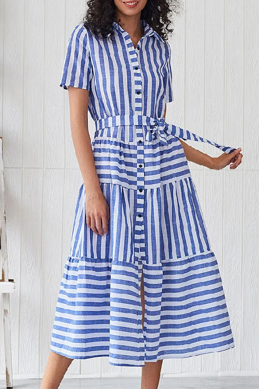 Striped Button Up Belt Shirt Dress Formal Shirt Gown