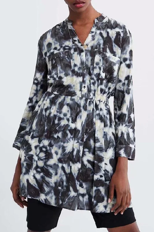 Tie Dye V-cut Shirt Dress Button Front Shirt