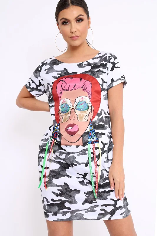 White Camo Crew Neck Girls Face T-shirt Dress with Tassels - Sway Black Shirt Dress