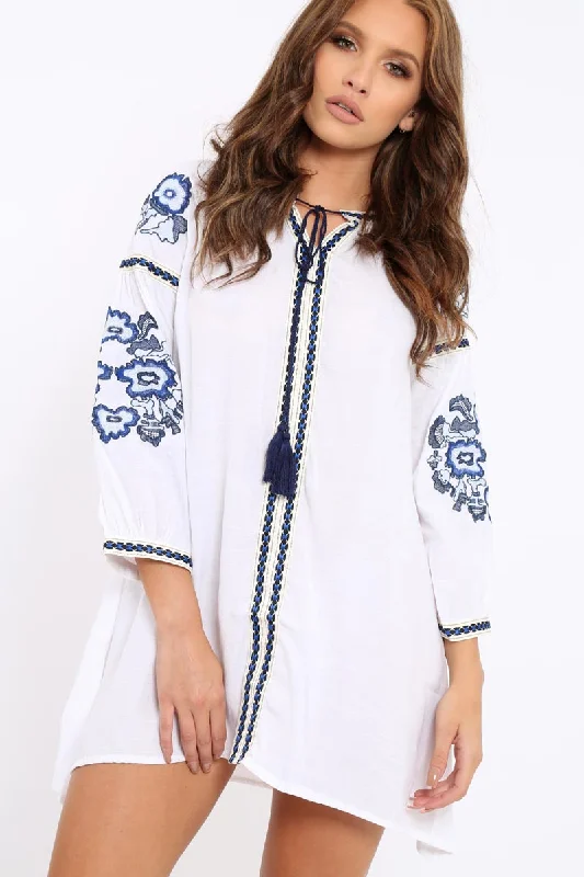 White Embroidered Shirt Dress - Nikki V-neck Shirt Dress