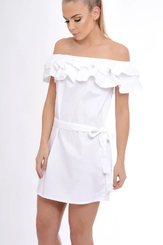 White Frill Bardot Tie Waist Shirt Dress - Ally Stretch Shirt Dress