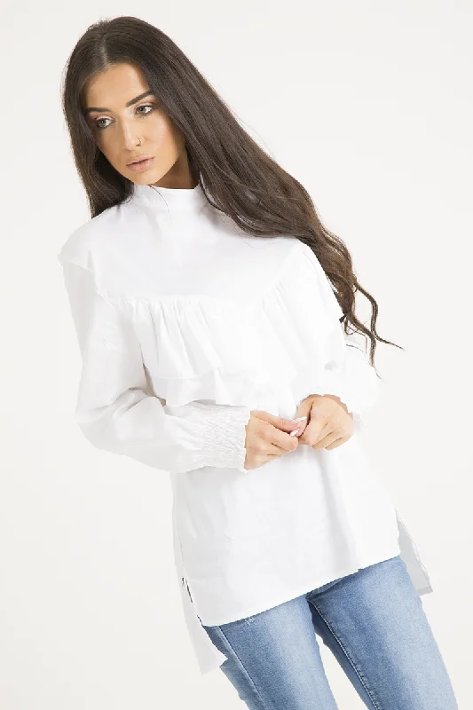 White Frill Detail Oversized Shirt - Lydia Sexy Shirt Dress