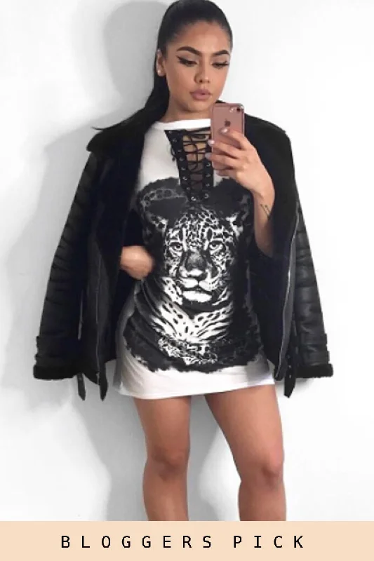 White Lace Up Tiger T-shirt Dress - Mali Formal Shirt Dress