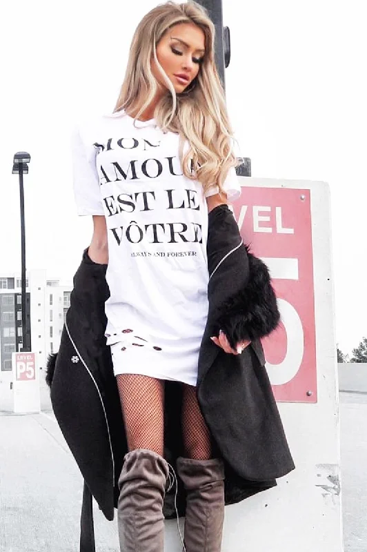 White Slogan Distressed T-Shirt Dress - Ashlen Modern Shirt Dress