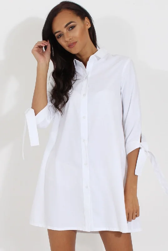 White Suede Tie Cuff Oversized Shirt Dress - Deborah Plaid Shirt Dress