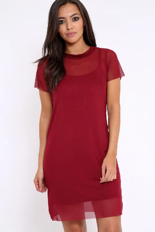 Wine Mesh Overlay T-Shirt Dress - Selena Relaxed Shirt Dress