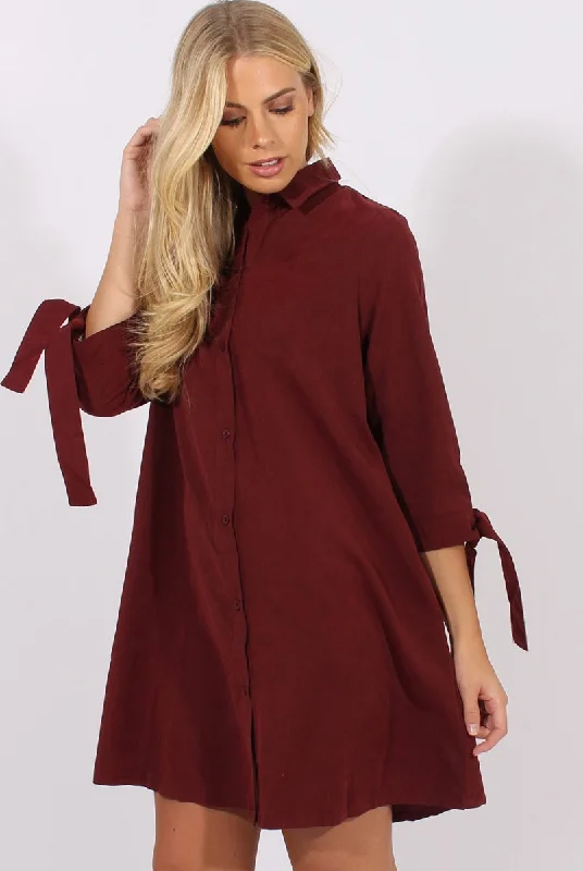 Wine Suede Tie Cuff Oversized Shirt Dress - Deborah Sleeveless Shirt Dress